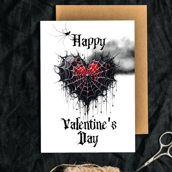 Printable Gothic Valentine's Day Card with a spiderweb heart, adding a spooky touch to your holiday decor.