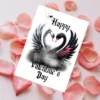 Happy Valentine's Day card with a white and black swan creating a heart shape with their necks against a white backdrop.