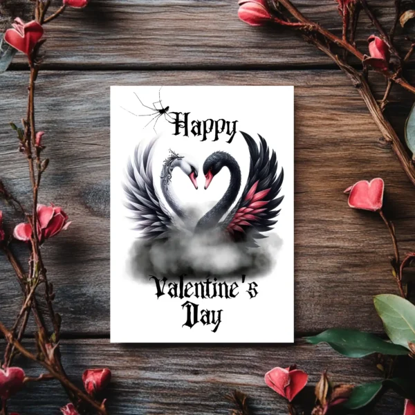 Printable Gothic Valentine's card showing a white and black swan with necks forming a heart.