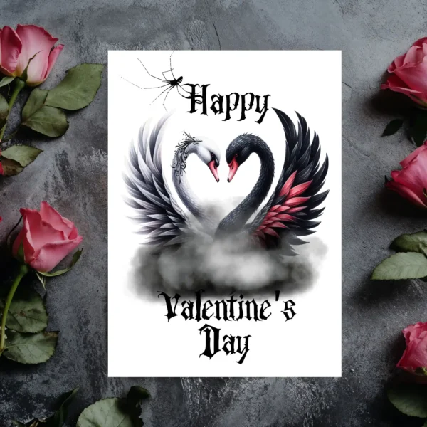 Valentine's Day card depicting a white and black swan entwined in a heart shape.
