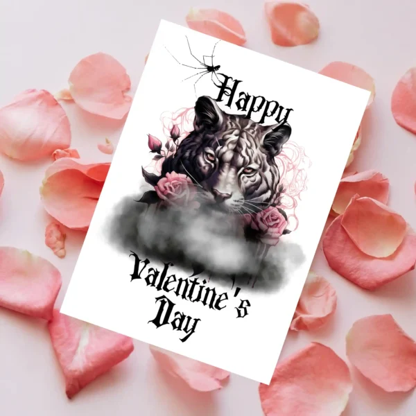Gothic Valentine's Day card with a medieval white tiger, pink roses, and a cloud backdrop, perfect for printing.