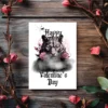 Printable Valentine's Day card showcasing a medieval white tiger surrounded by pink roses and clouds in a Gothic design.