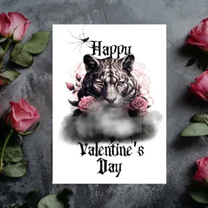 Valentine's Day card with a white tiger, pink roses, and clouds, designed in a Gothic style for a unique celebration.