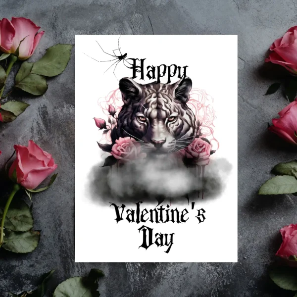 Valentine's Day card with a white tiger, pink roses, and clouds, designed in a Gothic style for a unique celebration.