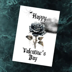 Gothic Valentine's Day card featuring a black rose and a dark cloud background, conveying a unique romantic vibe.