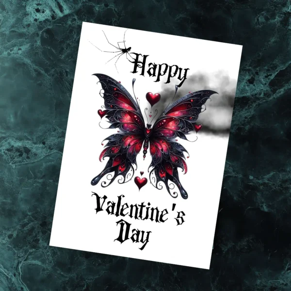 Gothic Valentine's Day card featuring a black and red butterfly with hearts and a dark cloud background.
