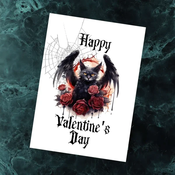 Dark-themed Valentine's card with a black cat with bat wings, surrounded by red roses and a spiderweb. Text reads 'Happy Valentine's Day.