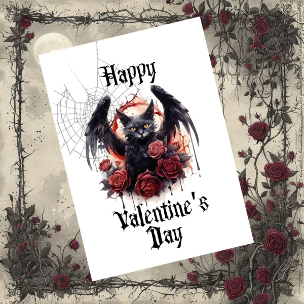 A black cat with bat wings is surrounded by red roses and cobwebs on a tilted white card. Gothic text reads "Happy Valentine's Day." The background features a frame of dark roses and thorns, creating a mysterious, romantic tone.
