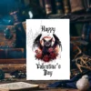 A gothic Valentine's Day card featuring a black cat with bat wings and a stern expression, surrounded by red roses and spiderwebs. The text says "Happy Valentine's Day" in a dark, ornate font. The background includes blurred, vintage decorative elements, creating a mysterious, romantic tone.