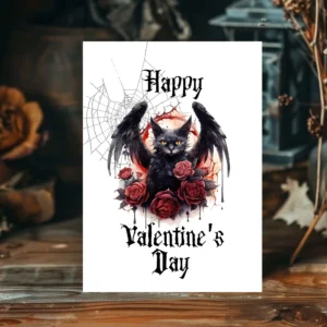 Gothic Valentine's card with a black cat featuring bat wings, surrounded by red roses and a web. Text reads "Happy Valentine's Day" in a spooky font.