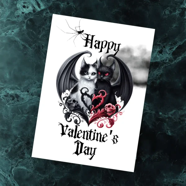 Gothic Valentine's card on marble; features two cats with bat wings, one white, one black, thorns are forming a heart. Text: "Happy Valentine's Day."