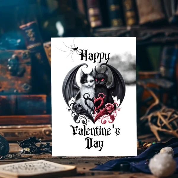 Two cats with bat wings form a heart shape, one black and one white, surrounded by skulls and ornate designs. Text reads "Happy Valentine's Day."