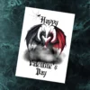 Two black and red dragons on a Valentine's Day card, joyfully holding a heart, celebrating love in a gothic style.