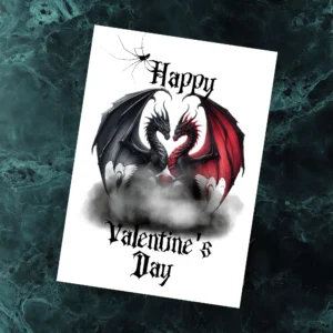 Two black and red dragons on a Valentine's Day card, joyfully holding a heart, celebrating love in a gothic style.