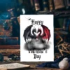 Gothic Valentine's Day card featuring two black and red dragons holding a heart, celebrating love and happiness.