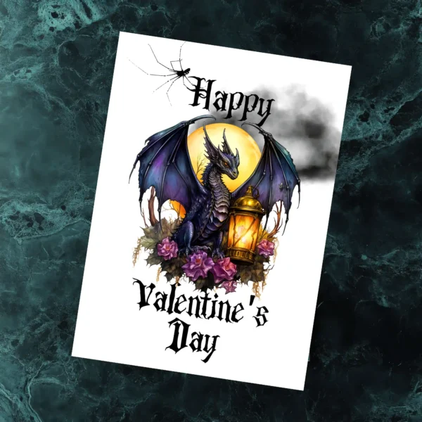 A festive Gothic Valentine's Day card showcasing a dragon with flowers and a lantern, adding a magical touch.