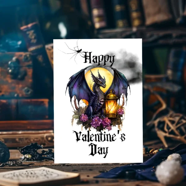 A charming dragon with flowers and a lantern, illustrated for a Gothic-themed Valentine's Day card.