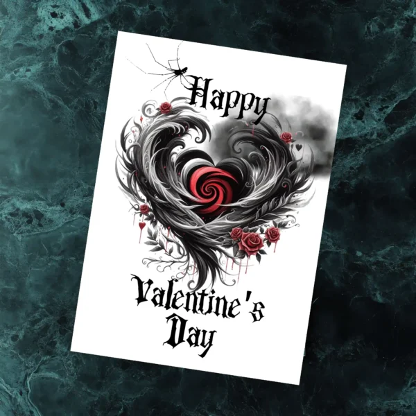 Cheerful Gothic Heart Valentine's Day card showcasing a "Happy Valentine's Day" wish surrounded by artistic heart designs.