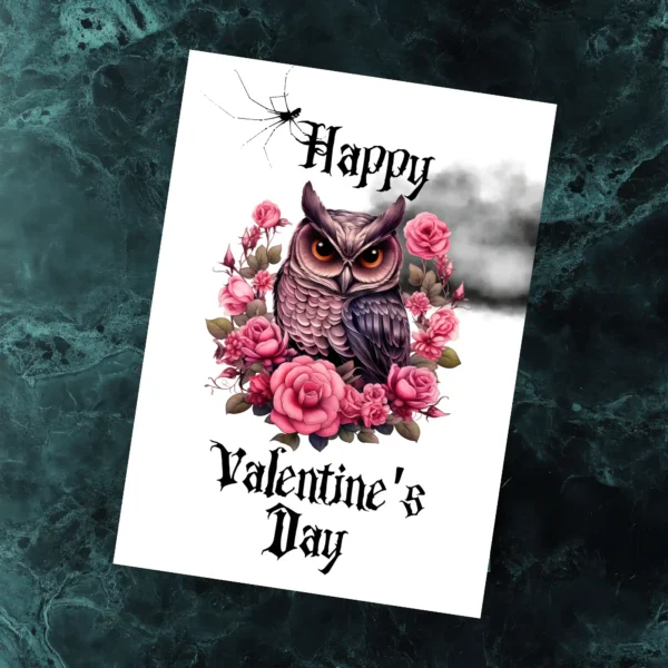 Printable Valentine's Day card showcasing a joyful owl surrounded by roses in a Gothic style.