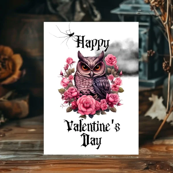 Cute Gothic owl on a Valentine's Day card, adorned with roses, spreading love and happiness.