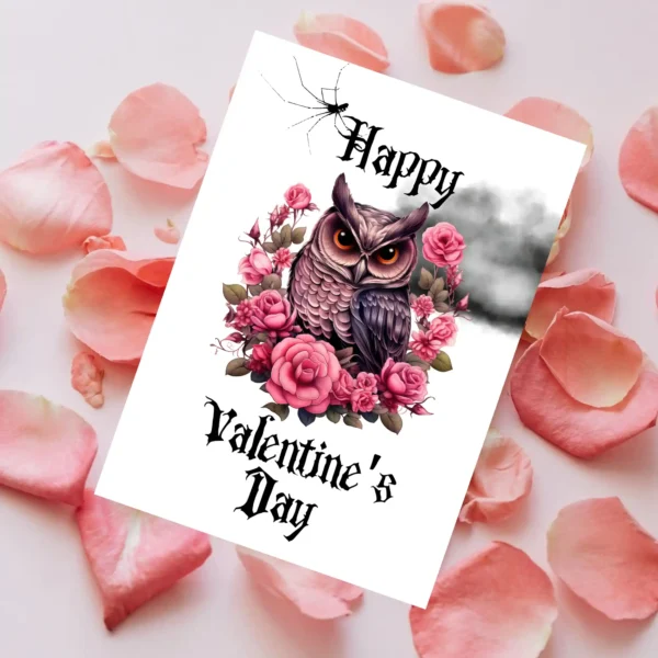 Valentine's Day card featuring a cheerful owl and roses in a Gothic design, celebrating love and friendship.