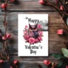 Gothic owl card for Valentine's Day, featuring roses and a cheerful message of love.