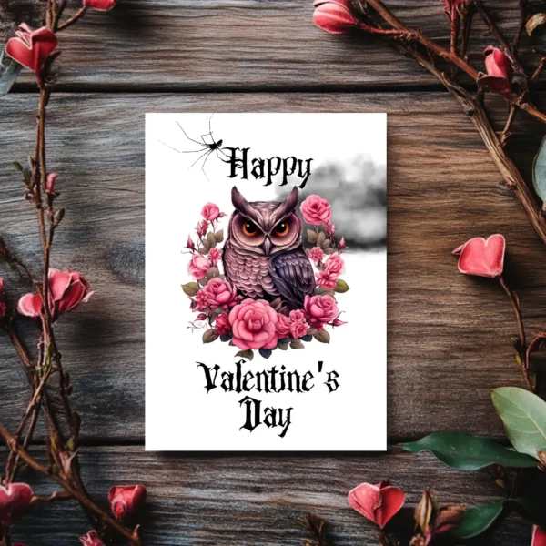 Gothic owl card for Valentine's Day, featuring roses and a cheerful message of love.