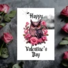 Happy Valentine's Day card with a Gothic owl design and roses, perfect for expressing affection.