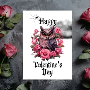 Happy Valentine's Day card with a Gothic owl design and roses, perfect for expressing affection.