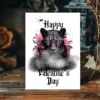 A Gothic-themed Valentine's card featuring a black panther entwined with pink roses, perfect for a bold love note.
