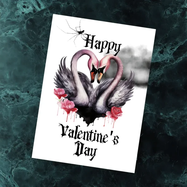 Printable Gothic Valentine's card featuring two pink swans in a heart shape, with a serene cloud background.