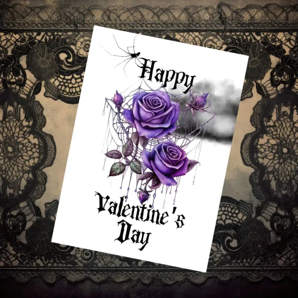 Gothic-style Valentine's Day card adorned with purple roses and a dark cloud, perfect for expressing love.