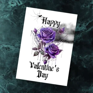 Gothic Valentine's Day card featuring purple roses and a dark cloud background, wishing a happy Valentine's Day.