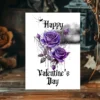 Valentine's Day card featuring purple roses against a dark cloud background, designed in a Gothic style.