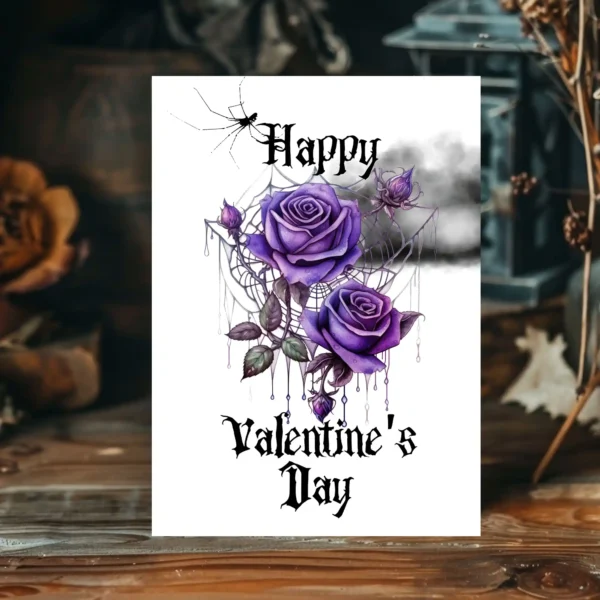 Valentine's Day card featuring purple roses against a dark cloud background, designed in a Gothic style.