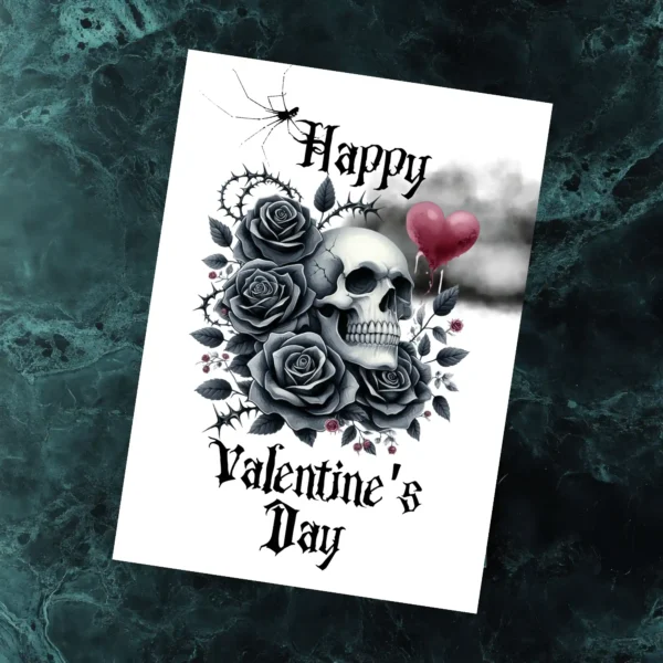 Gothic-themed Valentine's card featuring a skull, black roses, and a dark cloud, celebrating love with a twist.