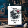 Gothic Valentine's Day card featuring a skull, black roses, and a dark cloud background, perfect for a unique celebration.