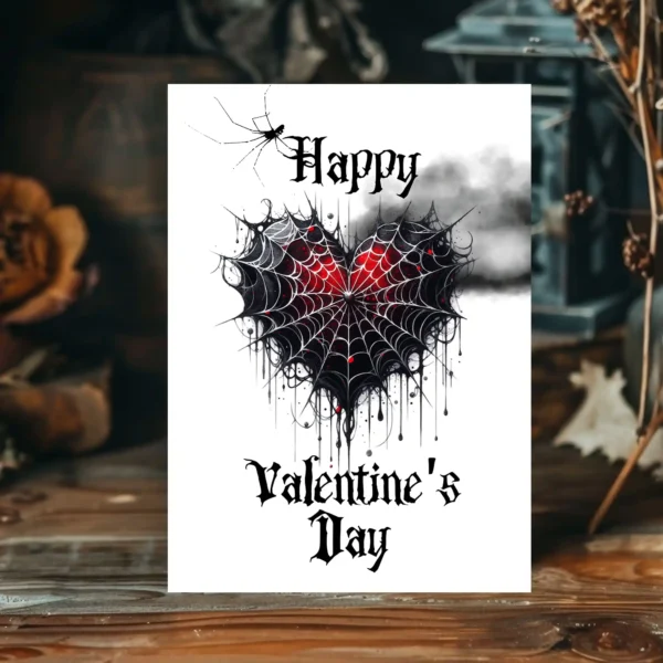 Printable card for Valentine's Day featuring a Gothic spiderweb heart, blending romance with a touch of the eerie.