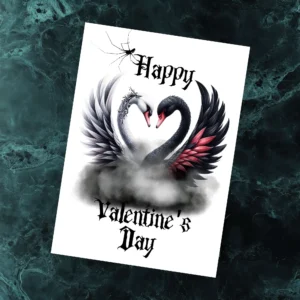 Gothic Valentine's Day card featuring a white and black swan forming a heart with their necks on a white background.