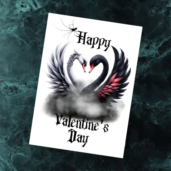 Gothic Valentine's Day card featuring a white and black swan forming a heart with their necks on a white background.