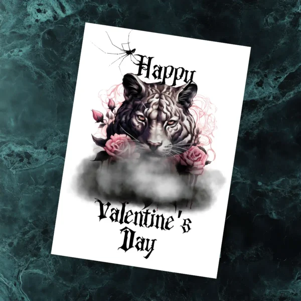 Happy Valentine's Day card featuring a white tiger with pink roses emerging from a cloud, set in a Gothic style.