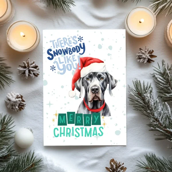 Holiday card with a Great Dane in Santa hat and wintery scene