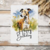 Printable birthday card featuring a joyful greyhound in a watercolor style, set in nature with a "Happy Birthday" greeting.
