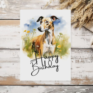 Printable birthday card featuring a joyful greyhound in a watercolor style, set in nature with a "Happy Birthday" greeting.
