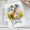 Happy birthday card with a greyhound illustration in a natural setting, designed in watercolor with a festive message.