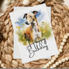 Watercolor birthday card depicting a greyhound in a serene landscape, complete with a cheerful "Happy Birthday" message.