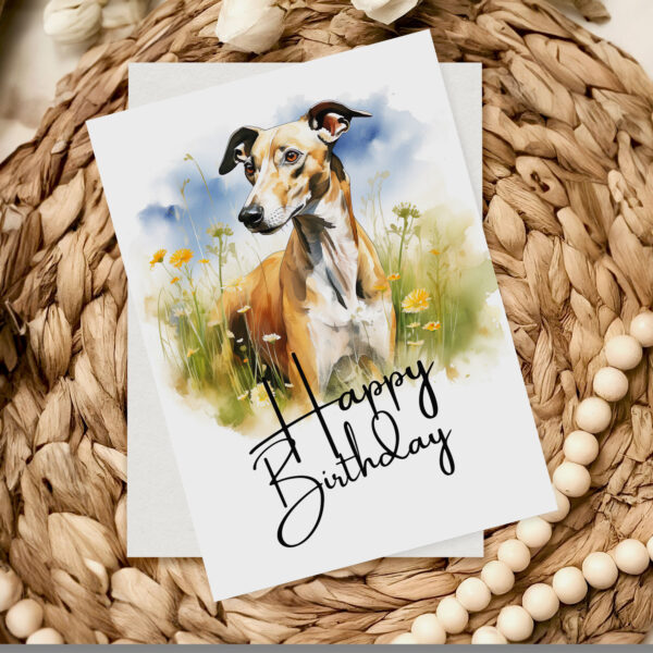 Watercolor birthday card depicting a greyhound in a serene landscape, complete with a cheerful "Happy Birthday" message.