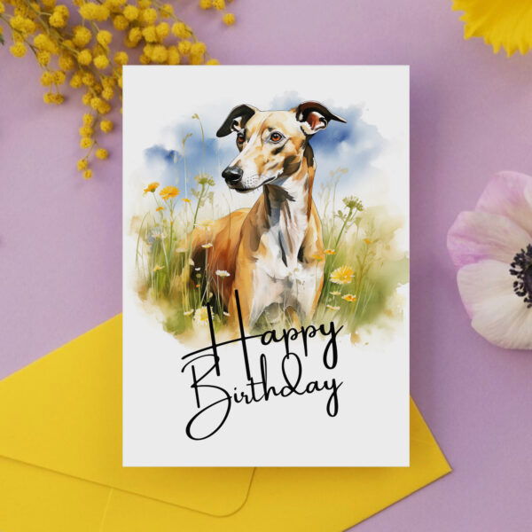 Watercolor birthday card featuring a happy greyhound in a natural setting with a "Happy Birthday" message.