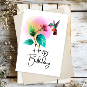 Cute watercolor birthday card featuring a hummingbird sipping nectar from a flower. Perfect for celebrating a special day!