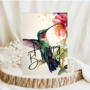 Watercolor birthday card featuring a green hummingbird and flowers, perfect for celebrating a special day.